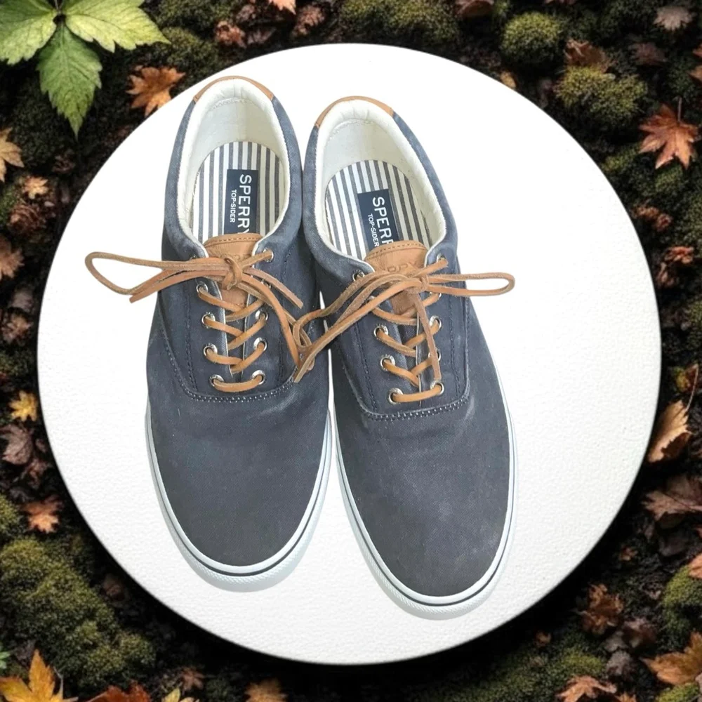 Sperry Top-Sider Dark Gray Blue Stripes II CVO Canvas & Leather Shoes Men Sz 12